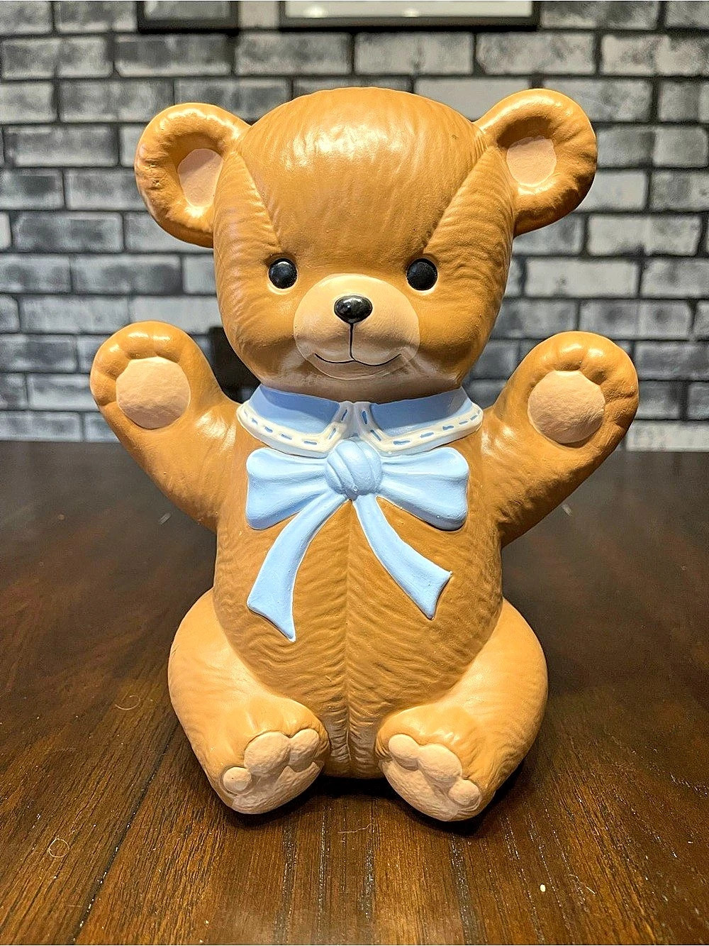 Brown & Blue Bear Figurine with Blue Bow